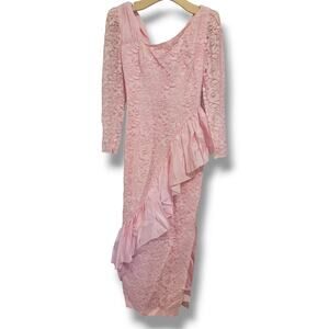 Vintage Roberta California women's pink lace lined ruffle trim bodycon dress